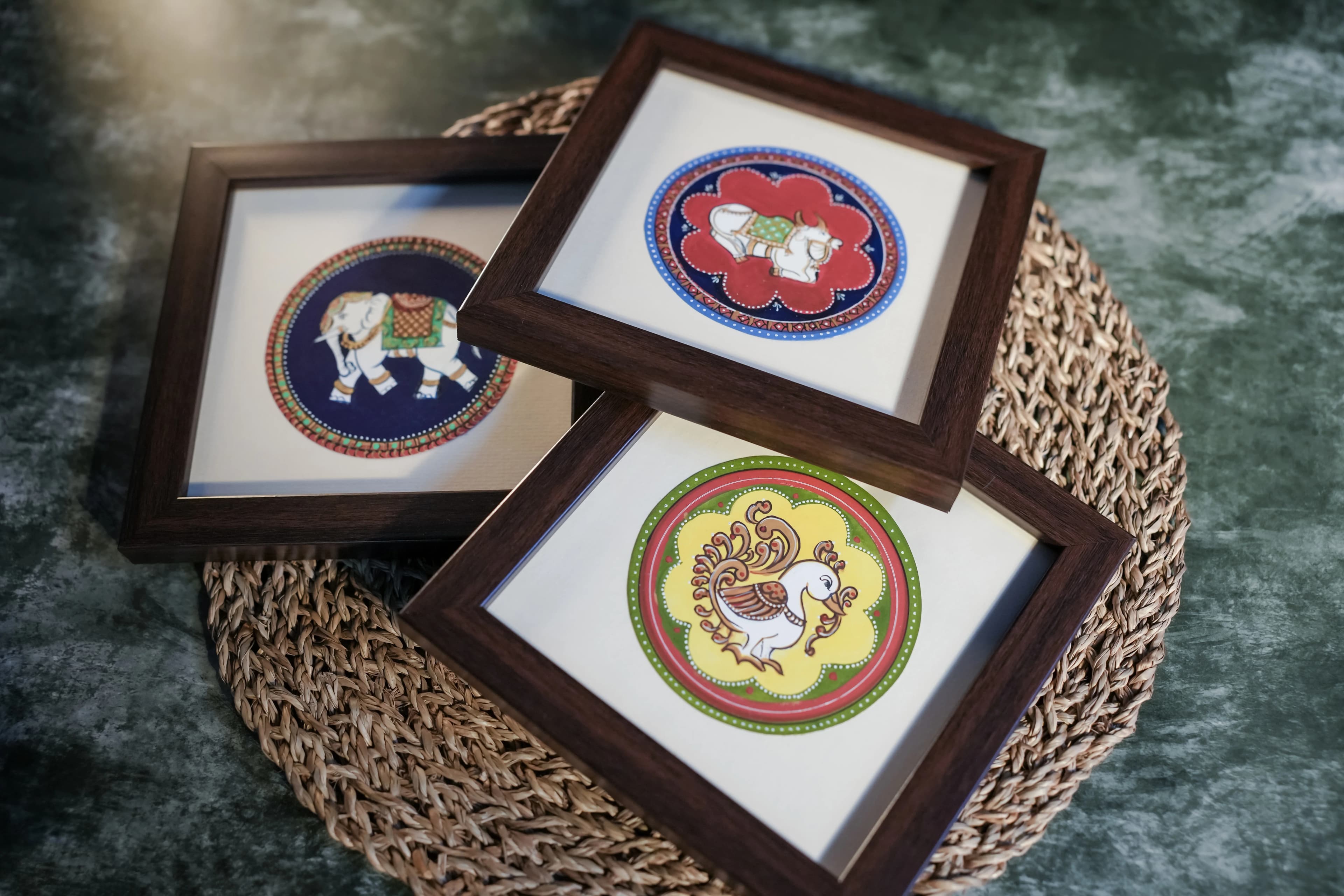 Framed Ganjifa Set — Nandi, Elephant & Hamsa