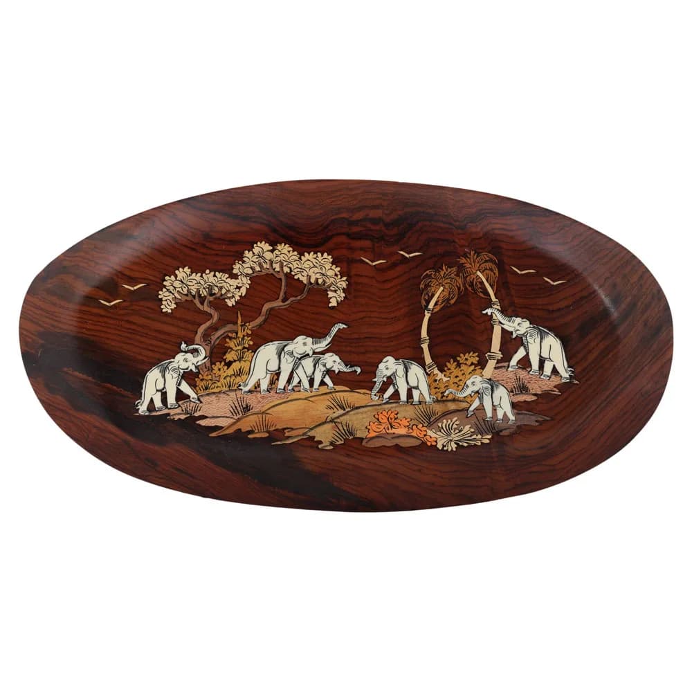 Rosewood Inlay — Elephant Herd Oval Tray